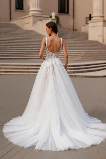 Ivoire Une Ligne Corset Col Carré Tulle Court Train Robe De Mariée Avec Dentelle
